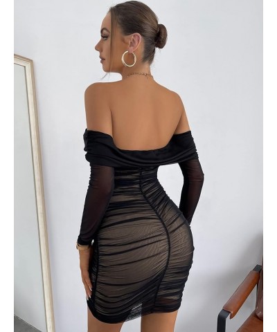 Women's Off Shoulder Ruched Mesh Dress Sleeveless Draped Mini Bodycon Party Cocktail Dresses Black $24.63 Dresses