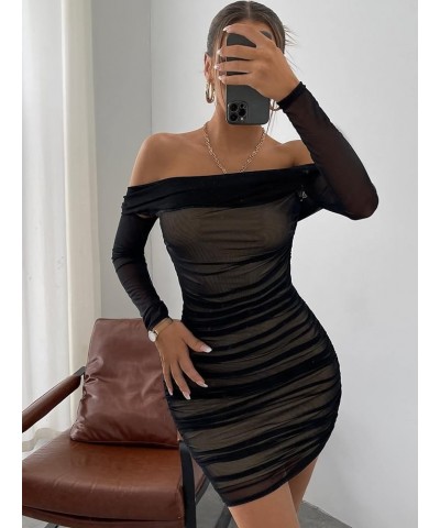 Women's Off Shoulder Ruched Mesh Dress Sleeveless Draped Mini Bodycon Party Cocktail Dresses Black $24.63 Dresses