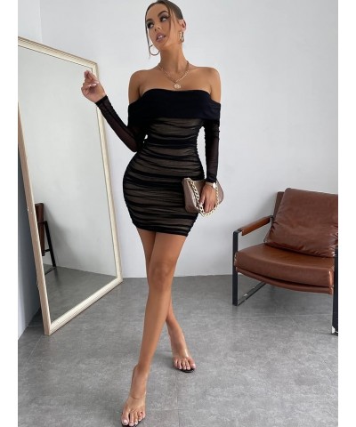 Women's Off Shoulder Ruched Mesh Dress Sleeveless Draped Mini Bodycon Party Cocktail Dresses Black $24.63 Dresses