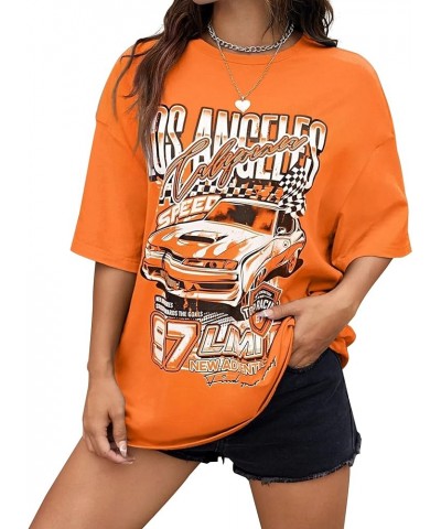 Women Los Angeles Letter Racing Graphic Print Vintage T Shirt Oversized Crew Neck Short Sleeve Loose Tee Top Orange $12.50 T-...