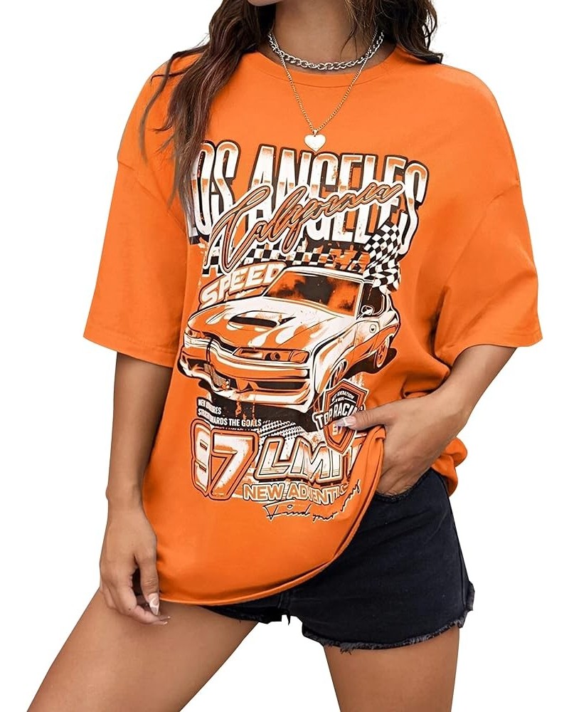 Women Los Angeles Letter Racing Graphic Print Vintage T Shirt Oversized Crew Neck Short Sleeve Loose Tee Top Orange $12.50 T-...