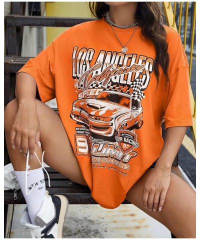 Women Los Angeles Letter Racing Graphic Print Vintage T Shirt Oversized Crew Neck Short Sleeve Loose Tee Top Orange $12.50 T-...