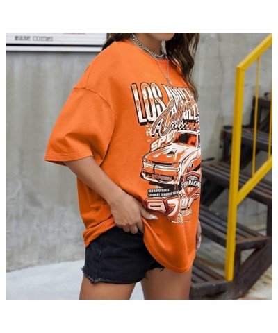 Women Los Angeles Letter Racing Graphic Print Vintage T Shirt Oversized Crew Neck Short Sleeve Loose Tee Top Orange $12.50 T-...