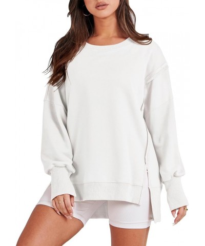 Oversized Sweatshirts for Women Loose Fit Long Sleeve Pullover Plain Fashion Crewneck Side Slit Sweatshirt Tops White $21.22 ...