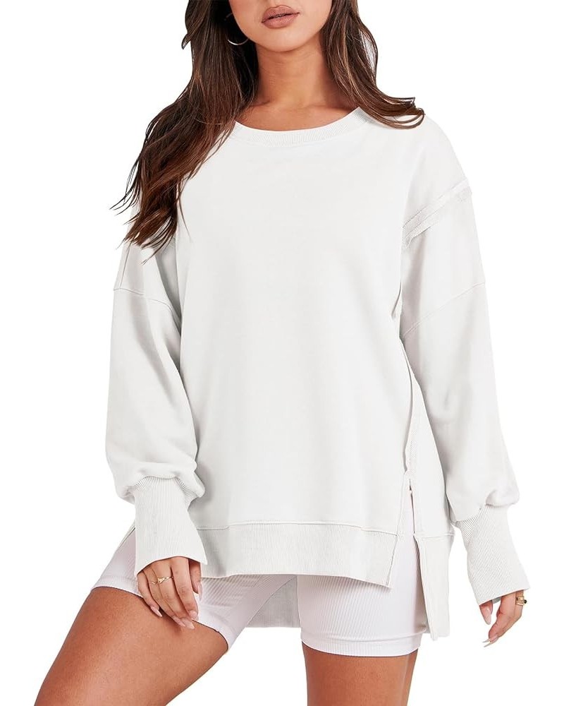 Oversized Sweatshirts for Women Loose Fit Long Sleeve Pullover Plain Fashion Crewneck Side Slit Sweatshirt Tops White $21.22 ...