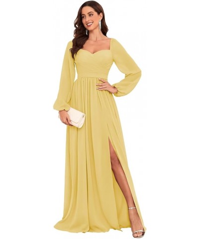 Long Sleeve Chiffon Bridesmaid Dresses for Wedding Sweetheart Formal Evening Gowns with Slit Yellow $22.55 Dresses