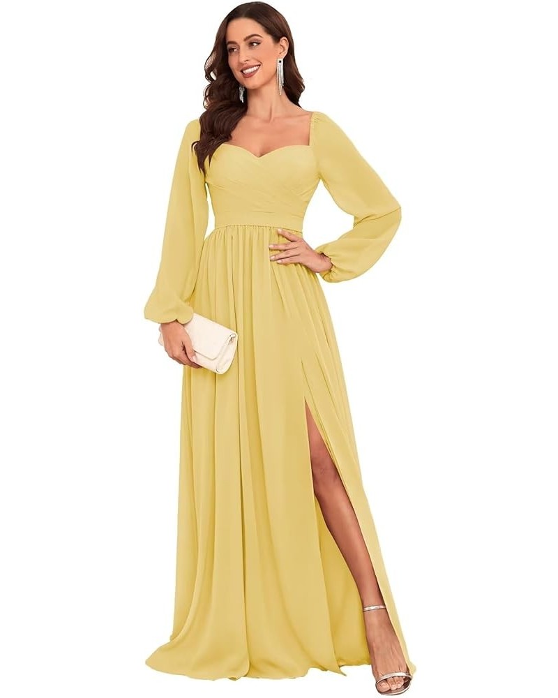 Long Sleeve Chiffon Bridesmaid Dresses for Wedding Sweetheart Formal Evening Gowns with Slit Yellow $22.55 Dresses