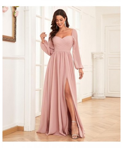 Long Sleeve Chiffon Bridesmaid Dresses for Wedding Sweetheart Formal Evening Gowns with Slit Yellow $22.55 Dresses