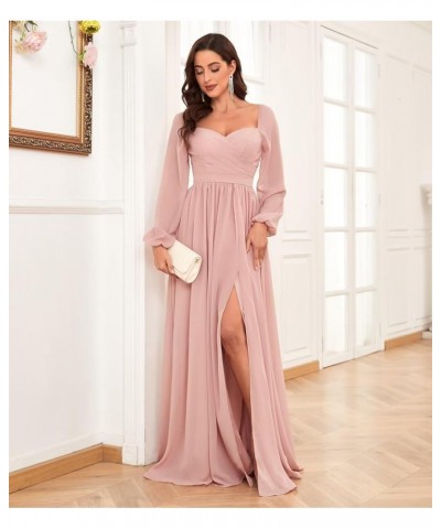 Long Sleeve Chiffon Bridesmaid Dresses for Wedding Sweetheart Formal Evening Gowns with Slit Yellow $22.55 Dresses