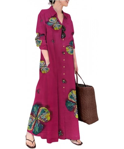 Womens Casual Loose Shirt Dress Oversized Baggy Button Down Long Sleeve Maxi Dresses with Pockets Red-1 $12.03 Dresses