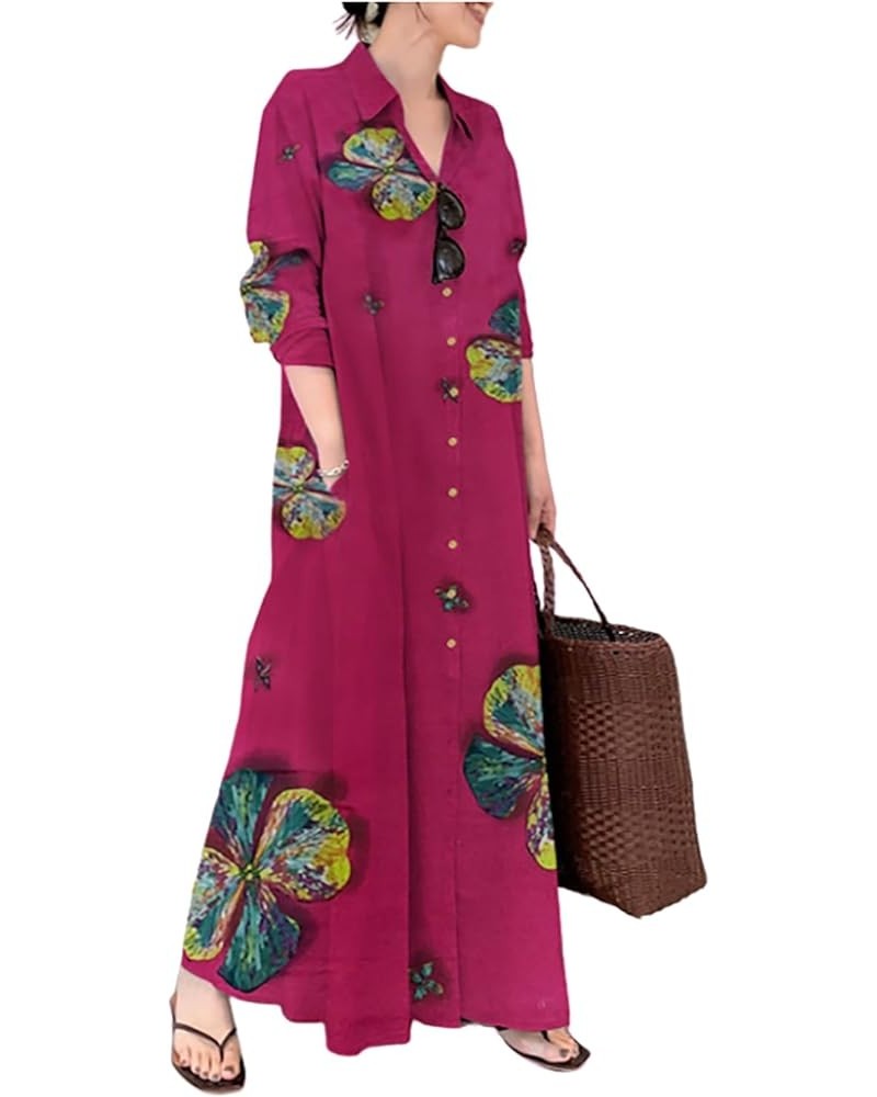 Womens Casual Loose Shirt Dress Oversized Baggy Button Down Long Sleeve Maxi Dresses with Pockets Red-1 $12.03 Dresses