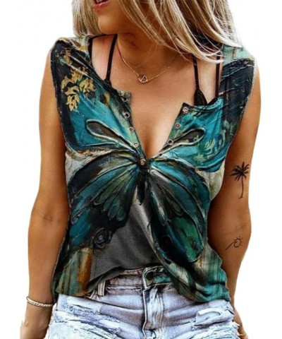 Women's Casual Butterfly Print Tops V-Neck Short Sleeve Graphic Shirts Summer Loose Tees 7-dark Green $8.95 Tops