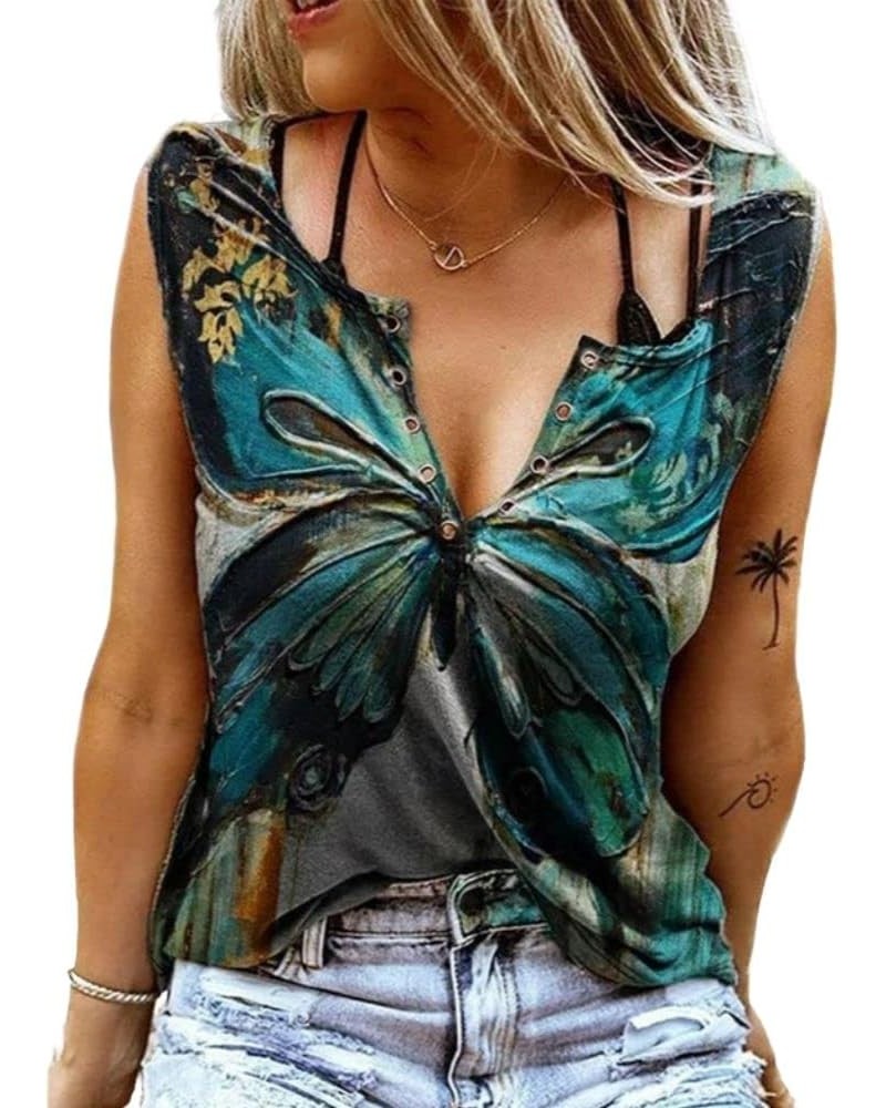 Women's Casual Butterfly Print Tops V-Neck Short Sleeve Graphic Shirts Summer Loose Tees 7-dark Green $8.95 Tops