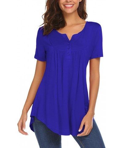 Women's Casual Long Sleeve Henley V-Neck Shirt Loose Fit Pleated Tunic Blouse Tops A-royal Blue $18.59 Tops