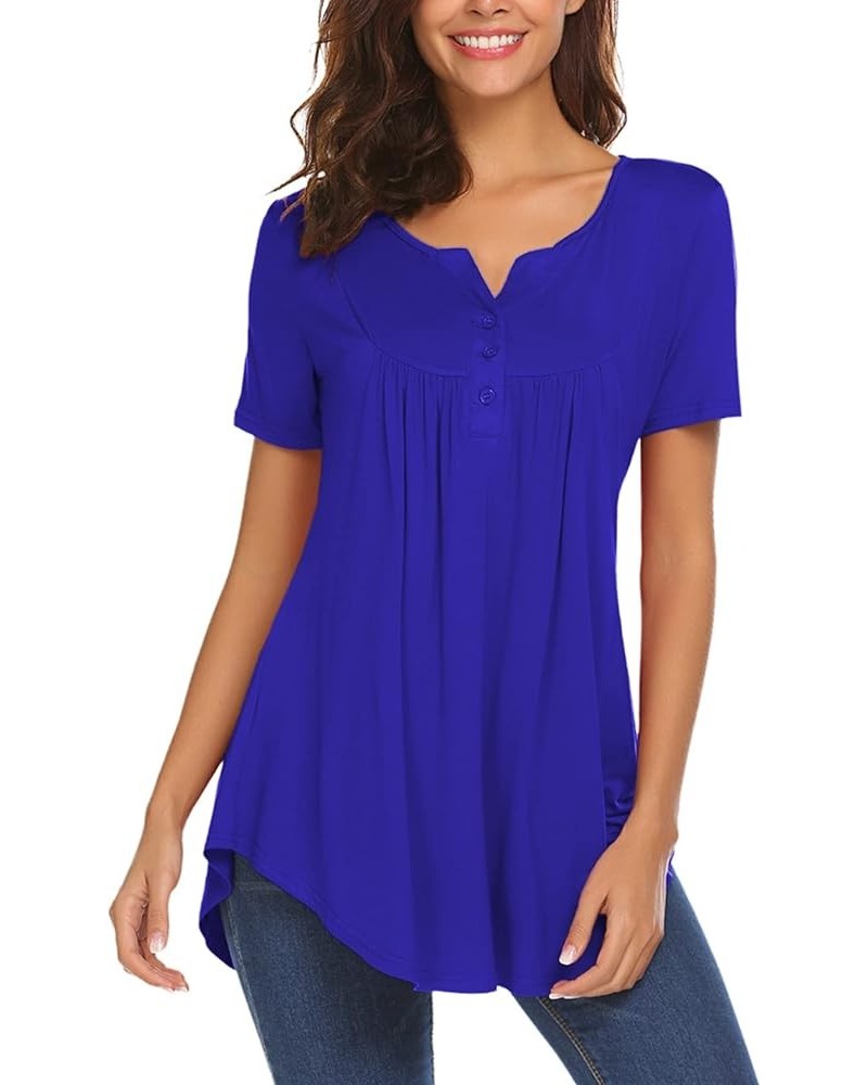 Women's Casual Long Sleeve Henley V-Neck Shirt Loose Fit Pleated Tunic Blouse Tops A-royal Blue $18.59 Tops