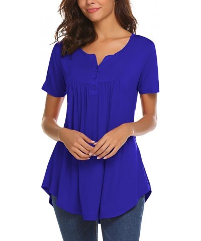 Women's Casual Long Sleeve Henley V-Neck Shirt Loose Fit Pleated Tunic Blouse Tops A-royal Blue $18.59 Tops