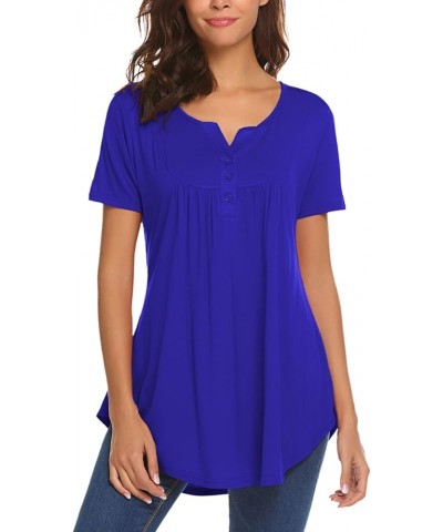 Women's Casual Long Sleeve Henley V-Neck Shirt Loose Fit Pleated Tunic Blouse Tops A-royal Blue $18.59 Tops