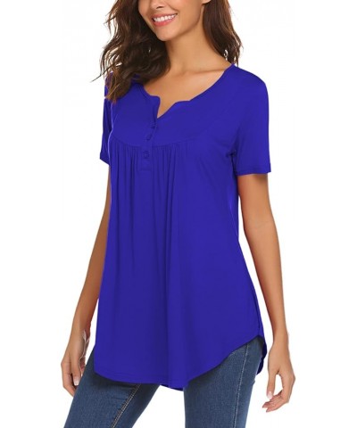 Women's Casual Long Sleeve Henley V-Neck Shirt Loose Fit Pleated Tunic Blouse Tops A-royal Blue $18.59 Tops