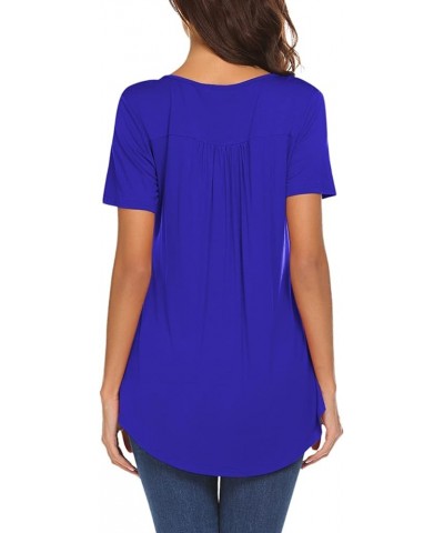 Women's Casual Long Sleeve Henley V-Neck Shirt Loose Fit Pleated Tunic Blouse Tops A-royal Blue $18.59 Tops