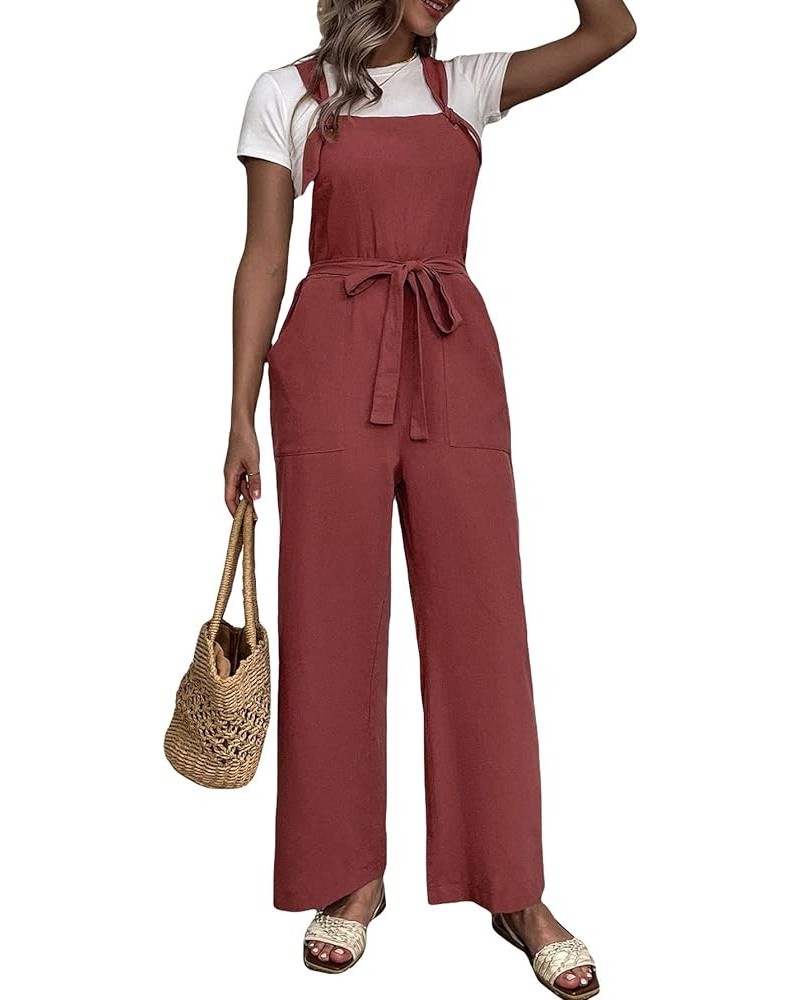 Floerns Women's Button Front Belted Pinfore Jumpsuit Overalls With Pockets Rust Brown $14.00 Overalls