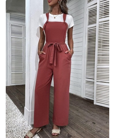 Floerns Women's Button Front Belted Pinfore Jumpsuit Overalls With Pockets Rust Brown $14.00 Overalls