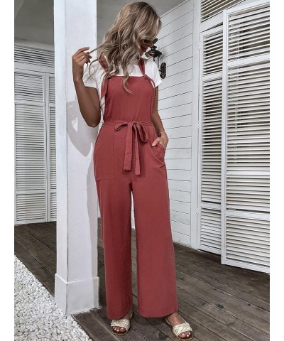 Floerns Women's Button Front Belted Pinfore Jumpsuit Overalls With Pockets Rust Brown $14.00 Overalls