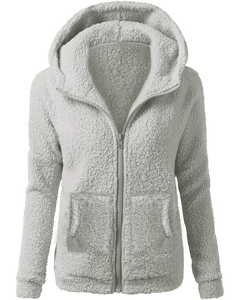 Winter Jackets For Women Plus Size Sherpa Fleece Long Sleeve Hooded Coats Casual Warm Solid Zipper Outerwear Light Gray $7.31...