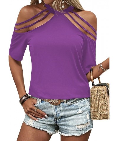 Women Cut Out T Shirts Sexy Going Out Tops Cold Shoulder Casual Tees Purple $11.76 T-Shirts