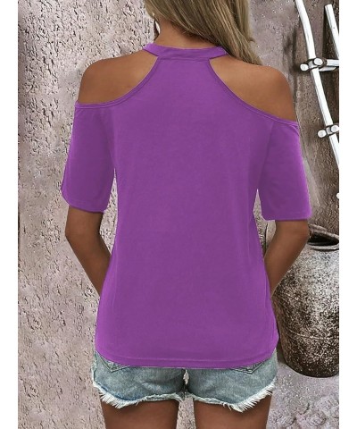 Women Cut Out T Shirts Sexy Going Out Tops Cold Shoulder Casual Tees Purple $11.76 T-Shirts