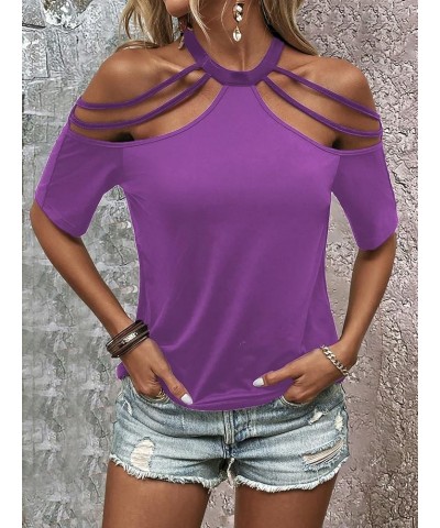 Women Cut Out T Shirts Sexy Going Out Tops Cold Shoulder Casual Tees Purple $11.76 T-Shirts