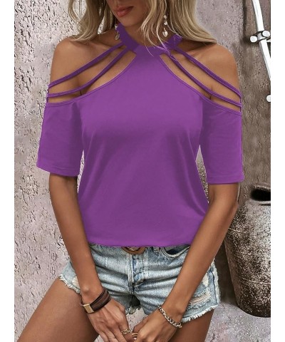 Women Cut Out T Shirts Sexy Going Out Tops Cold Shoulder Casual Tees Purple $11.76 T-Shirts