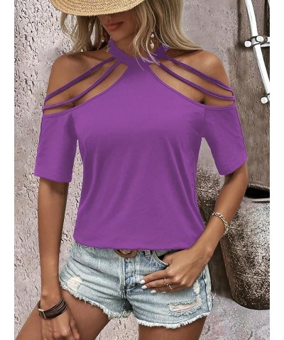 Women Cut Out T Shirts Sexy Going Out Tops Cold Shoulder Casual Tees Purple $11.76 T-Shirts