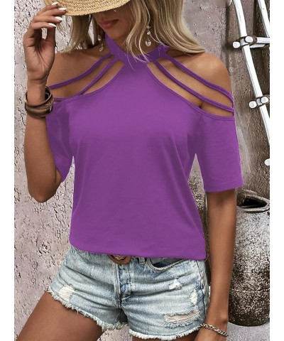 Women Cut Out T Shirts Sexy Going Out Tops Cold Shoulder Casual Tees Purple $11.76 T-Shirts