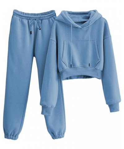 Womens Fleece 2 Piece Outfits Hooded Pullover Sweatshirt Crop Top Joggers Pants Tracksuits Set Dustyblue $14.53 Activewear