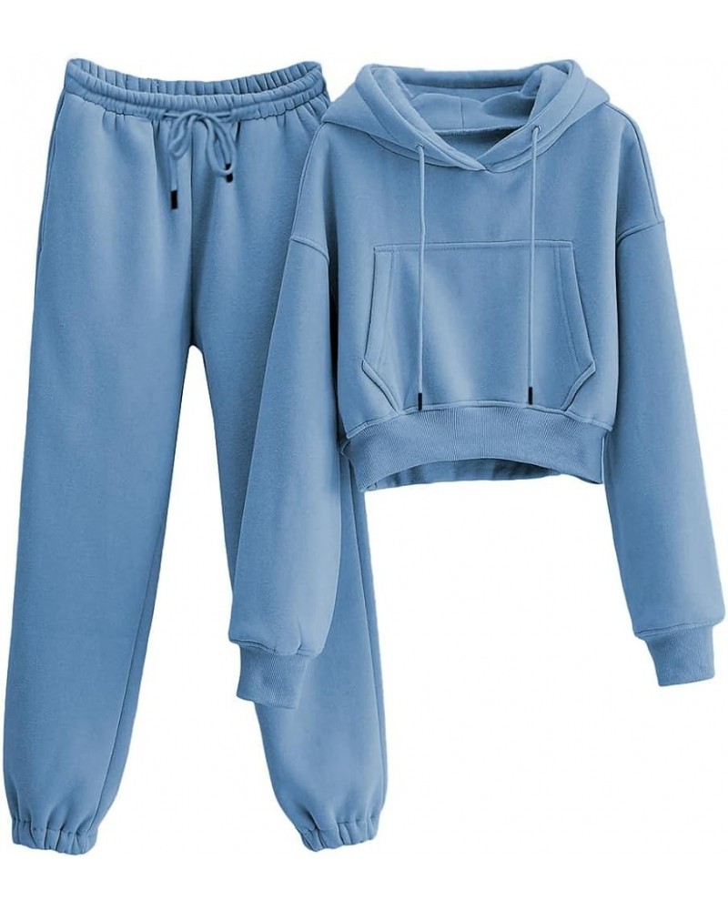 Womens Fleece 2 Piece Outfits Hooded Pullover Sweatshirt Crop Top Joggers Pants Tracksuits Set Dustyblue $14.53 Activewear