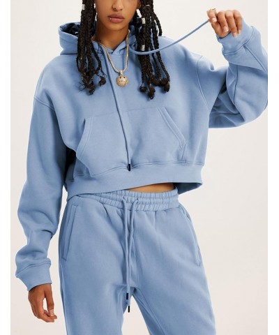 Womens Fleece 2 Piece Outfits Hooded Pullover Sweatshirt Crop Top Joggers Pants Tracksuits Set Dustyblue $14.53 Activewear