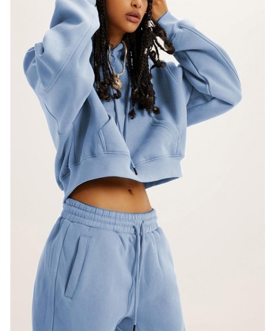 Womens Fleece 2 Piece Outfits Hooded Pullover Sweatshirt Crop Top Joggers Pants Tracksuits Set Dustyblue $14.53 Activewear