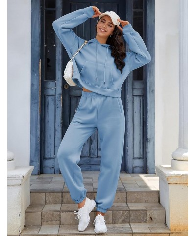 Womens Fleece 2 Piece Outfits Hooded Pullover Sweatshirt Crop Top Joggers Pants Tracksuits Set Dustyblue $14.53 Activewear