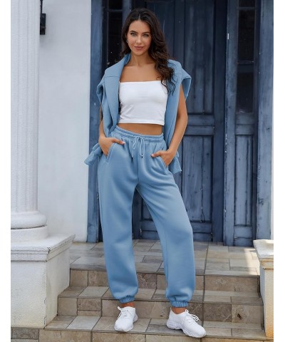 Womens Fleece 2 Piece Outfits Hooded Pullover Sweatshirt Crop Top Joggers Pants Tracksuits Set Dustyblue $14.53 Activewear