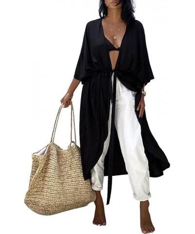 Tie Dye Kimono Swimsuit Cover up Open Front Long Loose Beach Cardigan with Belt Style4-black $16.79 Swimsuits