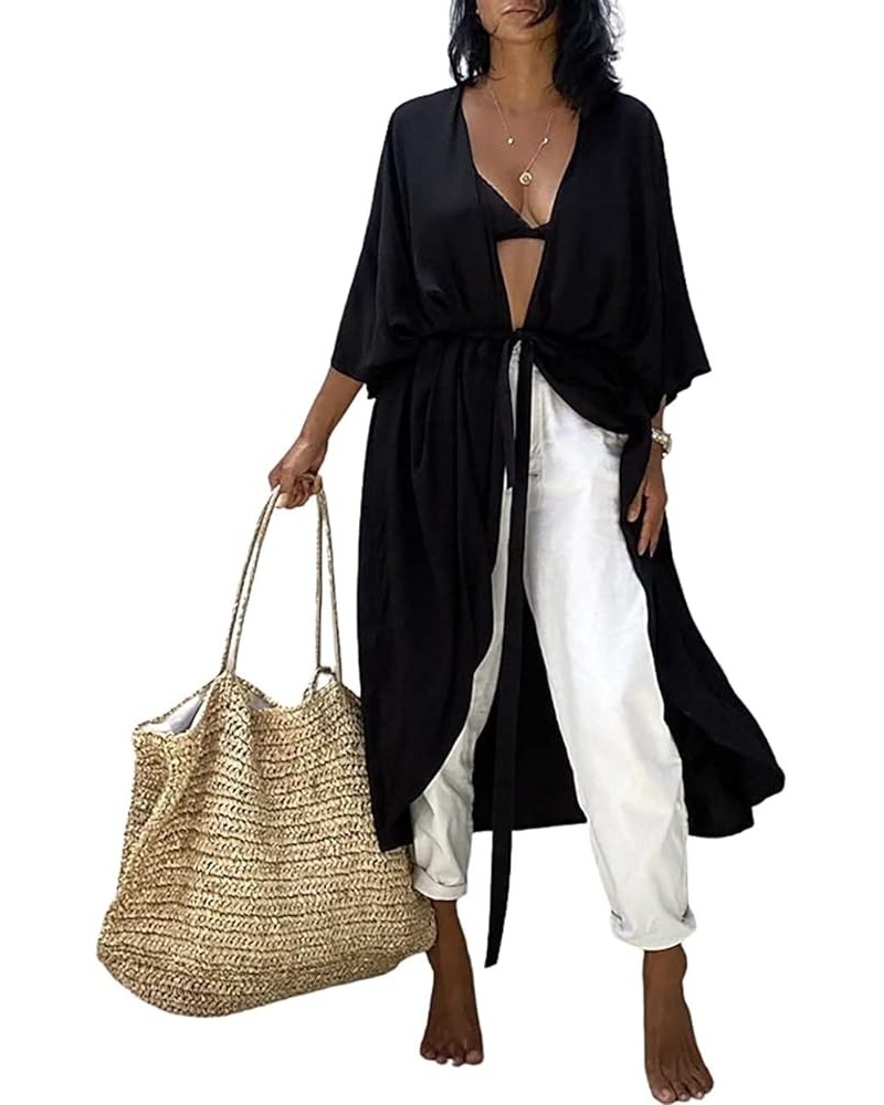 Tie Dye Kimono Swimsuit Cover up Open Front Long Loose Beach Cardigan with Belt Style4-black $16.79 Swimsuits