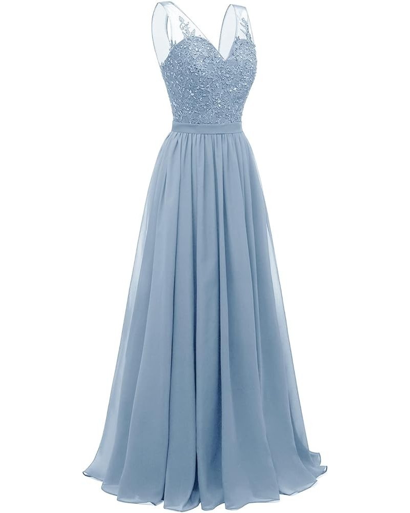 V Neck Chiffon Bridesmaid Dresses for Women Lace Appliques Prom Dresses Formal Party Gown Dusty Blue $34.40 Dresses