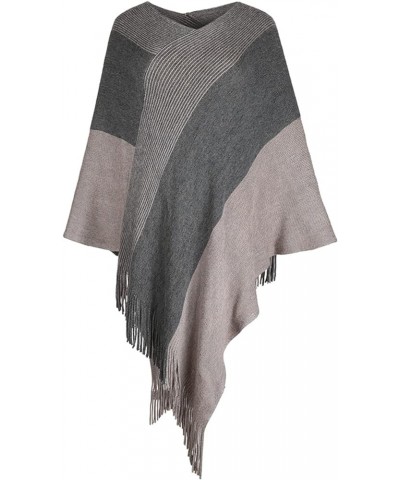 Womens Poncho Sweater V Neck Striped Pullover Soft Scarf Wrap Cape with Fringes Khaki $14.40 Sweaters