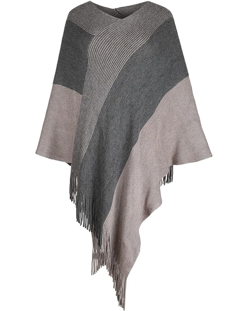 Womens Poncho Sweater V Neck Striped Pullover Soft Scarf Wrap Cape with Fringes Khaki $14.40 Sweaters