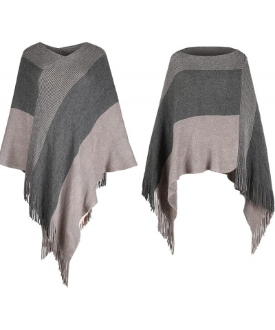 Womens Poncho Sweater V Neck Striped Pullover Soft Scarf Wrap Cape with Fringes Khaki $14.40 Sweaters