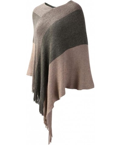 Womens Poncho Sweater V Neck Striped Pullover Soft Scarf Wrap Cape with Fringes Khaki $14.40 Sweaters