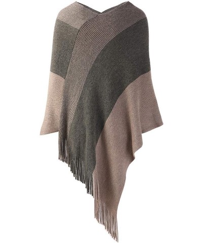 Womens Poncho Sweater V Neck Striped Pullover Soft Scarf Wrap Cape with Fringes Khaki $14.40 Sweaters