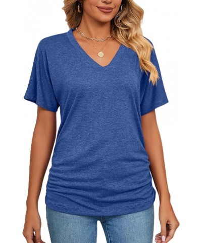 Womens V Neck T Shirts Loose Fit Short Sleeve Tops with Side Shirring Tshirts for Summer Blue $12.96 T-Shirts