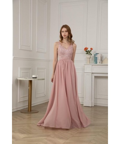 V Neck Chiffon Bridesmaid Dresses for Women Lace Appliques Prom Dresses Formal Party Gown Dusty Blue $34.40 Dresses