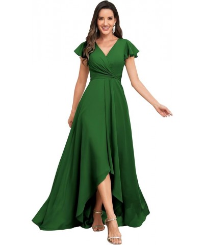 High Low Short Sleeve Bridesmaid Dresses for Women Long Chiffon Pleated V Neck Prom Formal Evening Dress Emerald Green $29.14...